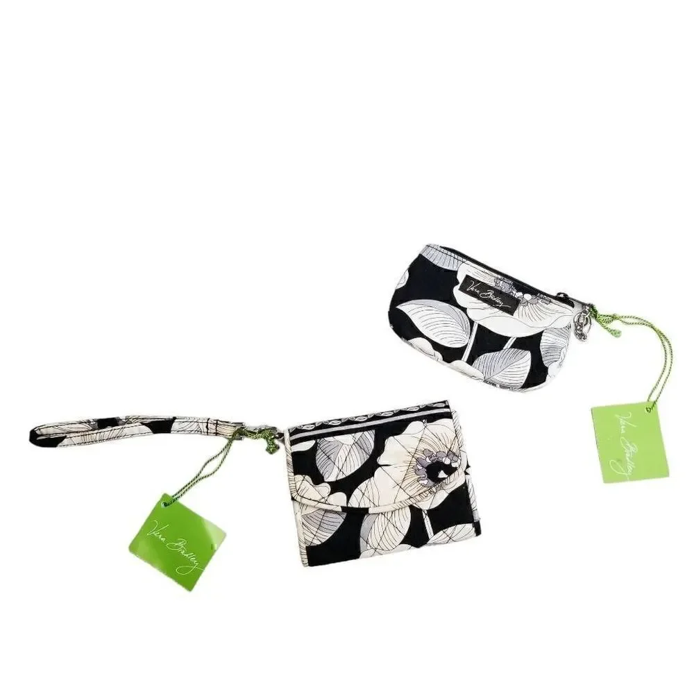 Vera Bradley NEW! Set of Two Black & White Wristlet & Clip Zip ID Holder Bags